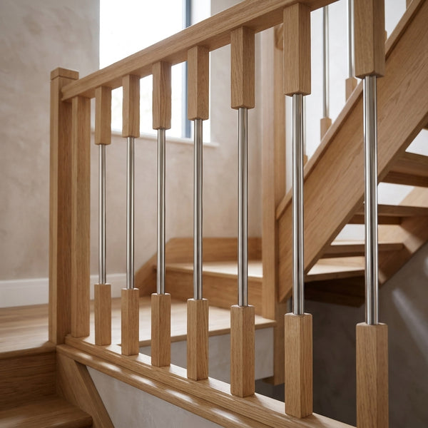 Square Oak and Polished Stainless Steel Spindle 41mm x 900mm