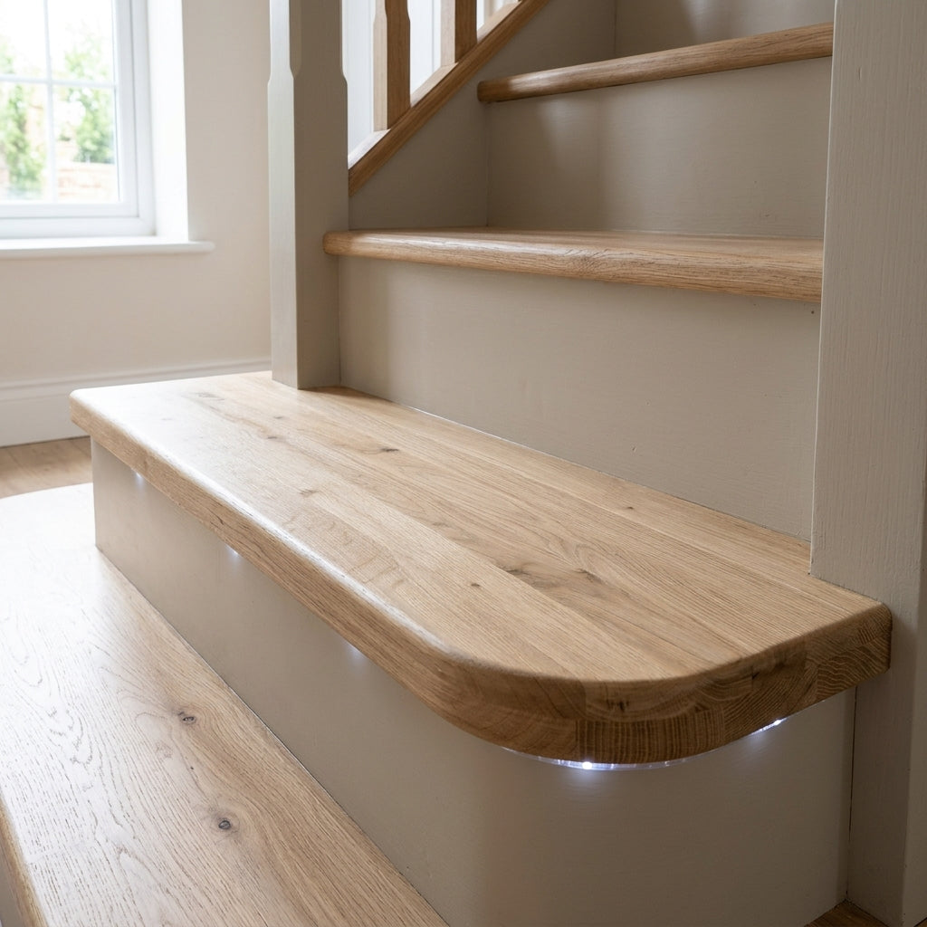 Rustic Oak Bullnose Tread with LED - Left or Right Hand