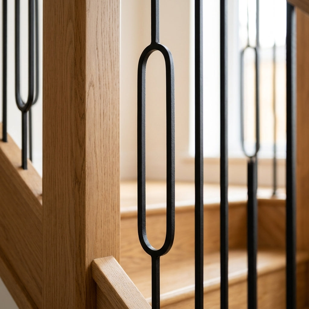 Metal Spindle Rounded Rectangle Matt Black – Staircase (view 2)