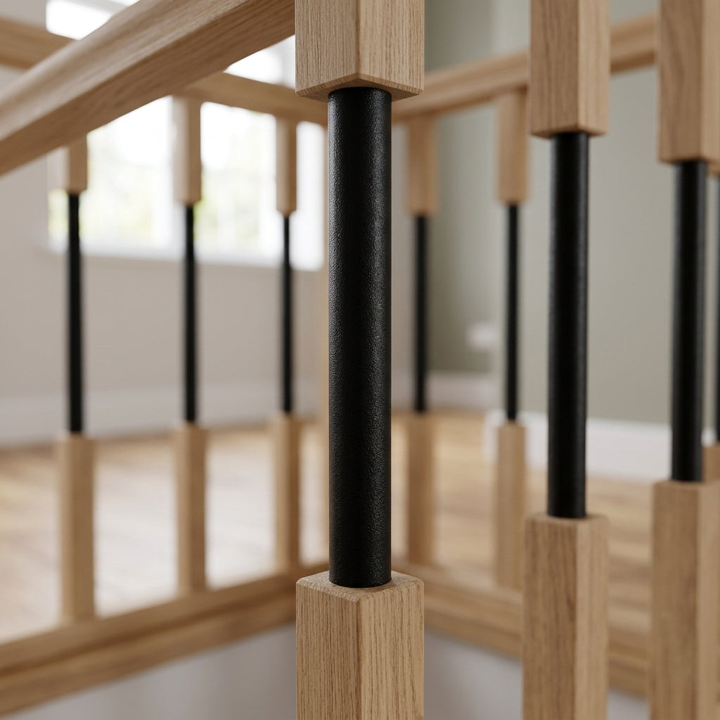 Square Oak And Black Texture Metal Spindle 41mm x 900mm (view 2)