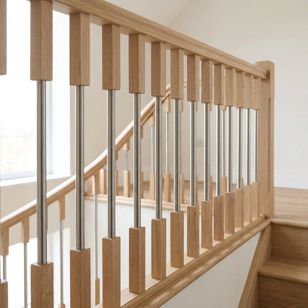 Square Oak and Brushed Stainless Steel Spindle 41mm x 900mm